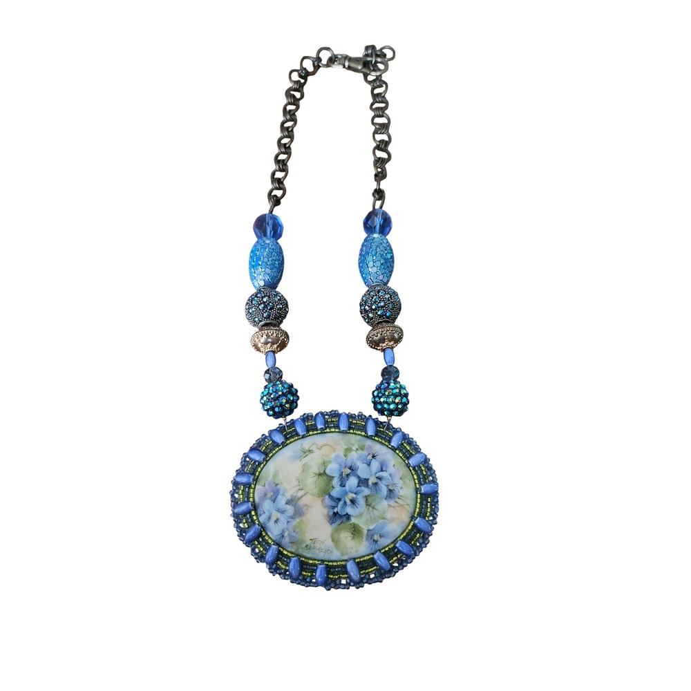 Blue‎ Floral Statement Necklace Beaded Oval Pendant Costume Jewelry